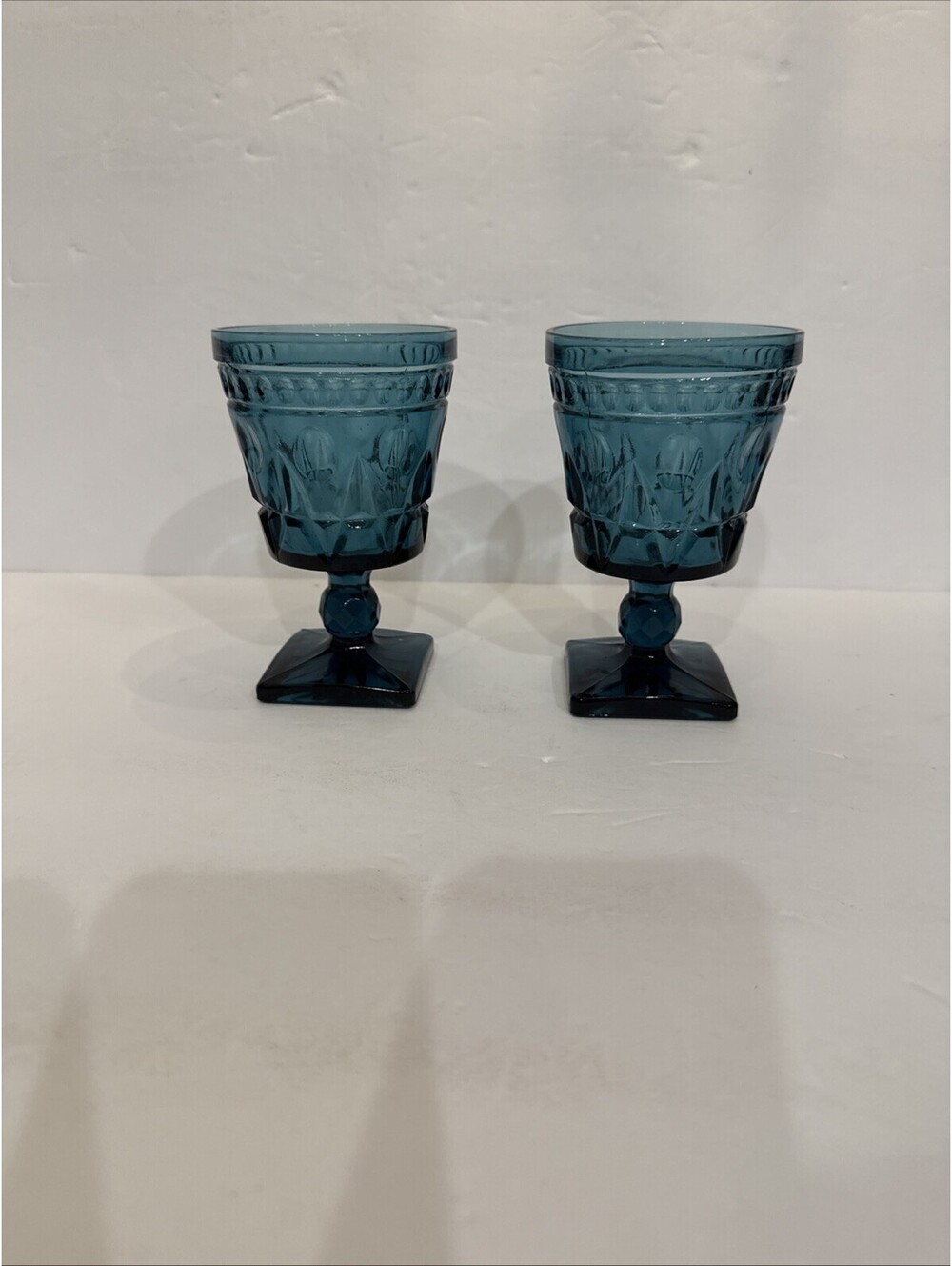 Vintage Indiana Glass (2) Park Lane Teal Blue Footed Goblet Wine Glasses 5.25” H